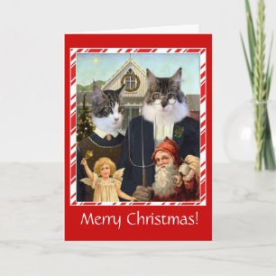 Funny cat Christmas card American Gothic spoof