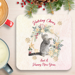 Funny Cat Christmas Coaster – Snowflakes & Lantern