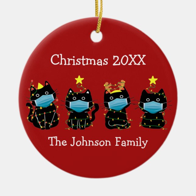 Funny Cat Christmas Covid Face Masks Custom Red Ceramic Ornament (Front)