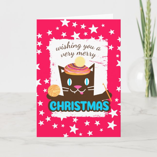 Funny cat Christmas hat crochet hook yarn Holiday Card (Front)