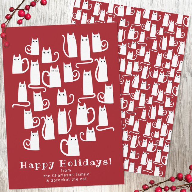 Funny Cat Christmas Holiday Card (Red and white cat fun holiday card)
