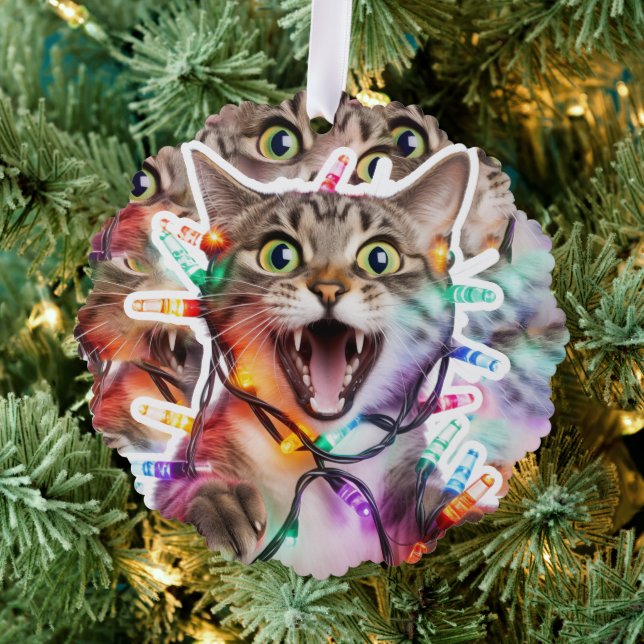Funny Cat Christmas Lights Paper Ornament Card (Insitu (Tree))
