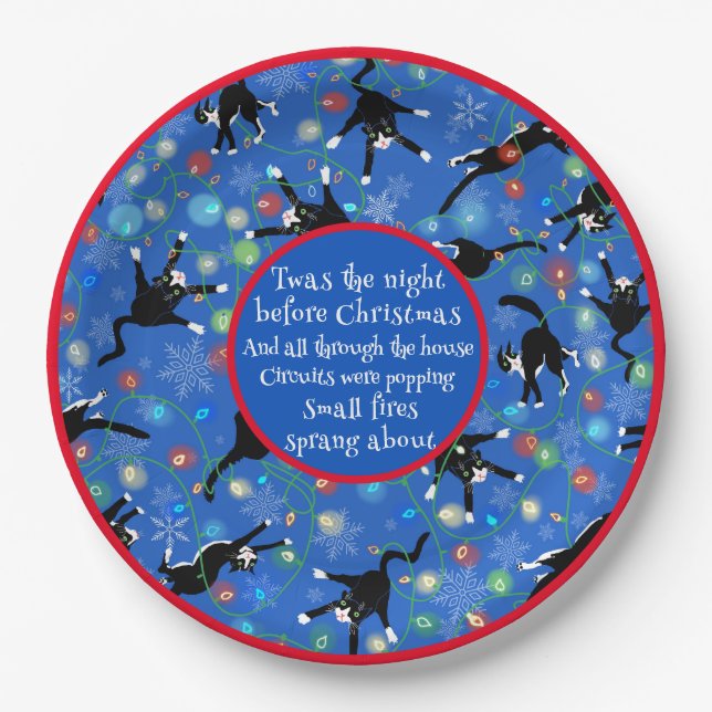 Funny Cat Christmas Lights Paper Plates (Front)