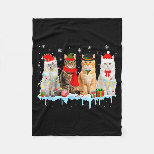 Funny Cat Christmas Lights Reindeer Santa Xmas Kit Fleece Blanket (Front)