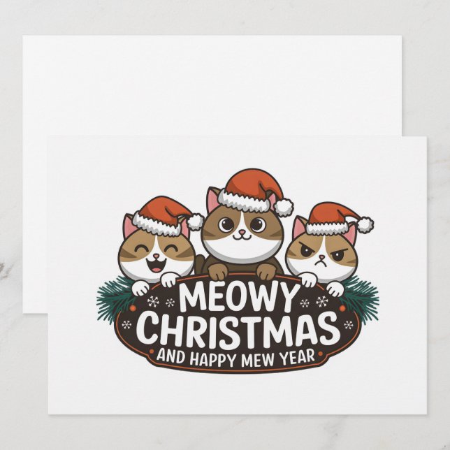 Funny cat christmas meow wearing christmas hat  holiday card (Front/Back)