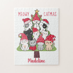 Funny Cat Christmas Tree Cute Jigsaw Puzzle