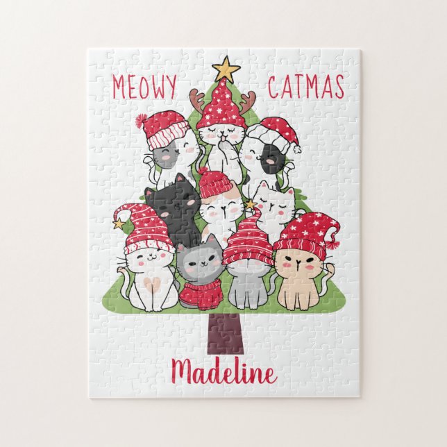 Funny Cat Christmas Tree Cute Jigsaw Puzzle (Vertical)