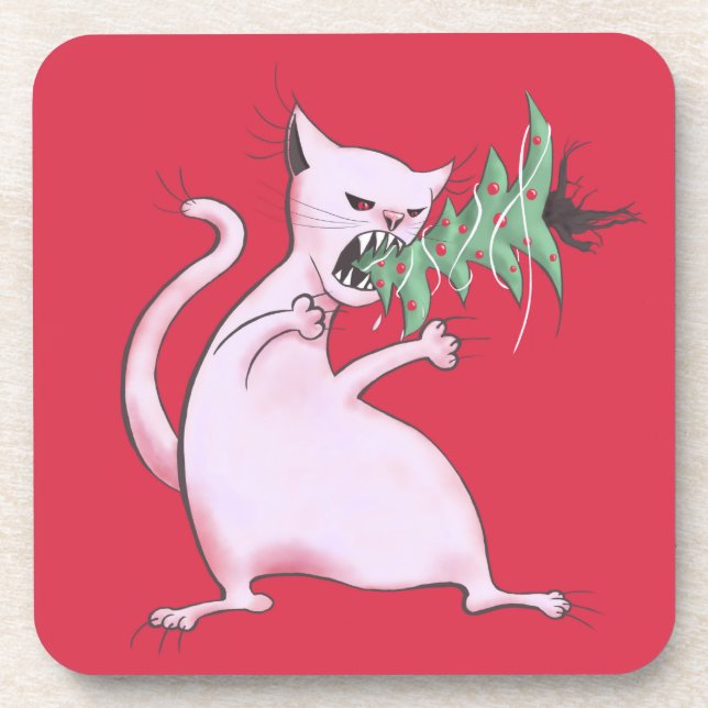 Funny Cat Christmas Tree Eater Holiday Drink Coaster (Front)