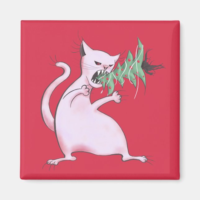 Funny Cat Christmas Tree Eater Holiday Magnet (Front)