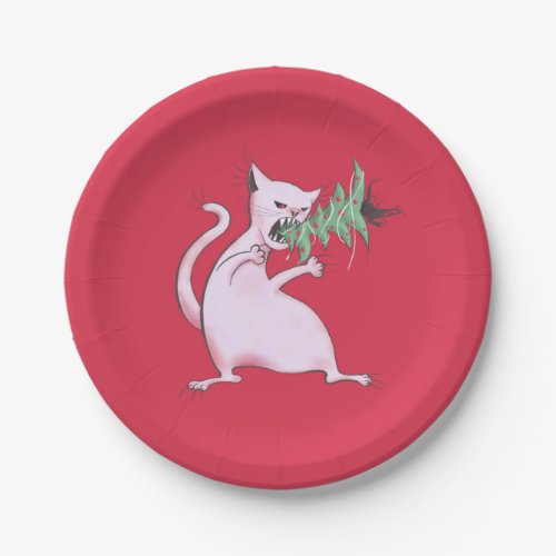 Funny Cat Christmas Tree Eater Holiday Paper Plates