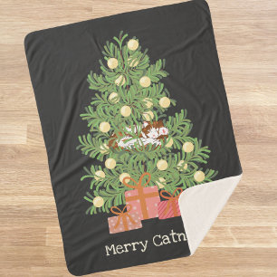 Funny Cat & Christmas Tree Merry Catnaps! Black Sherpa Blanket