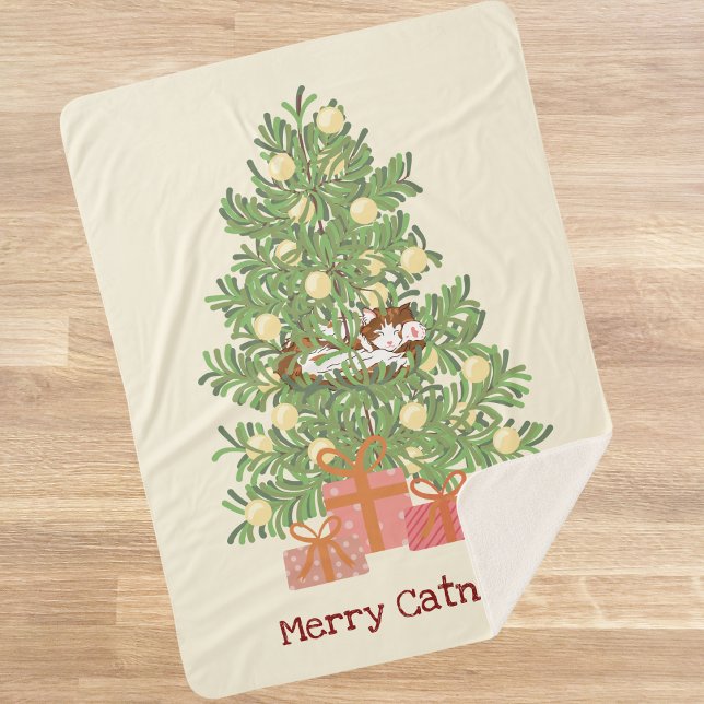 Funny Cat & Christmas Tree Merry Catnaps! Cream Sherpa Blanket (Creator Uploaded)