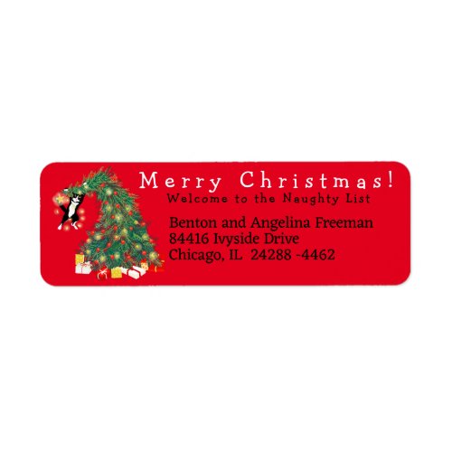 Funny Cat Christmas Tree Red Return Address  Label