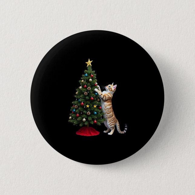 Funny Cat Christmas Tree Xmas Gifts Men Women Kids Button (Front)