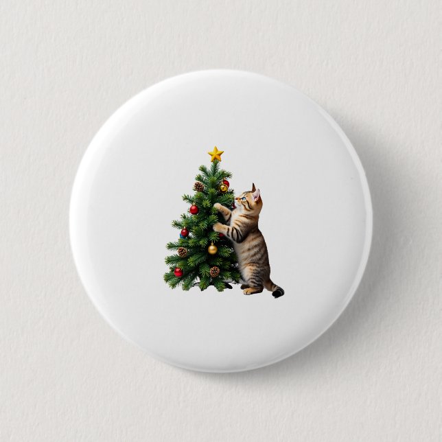 Funny Cat Christmas Tree Xmas Gifts Men Women Kids Button (Front)