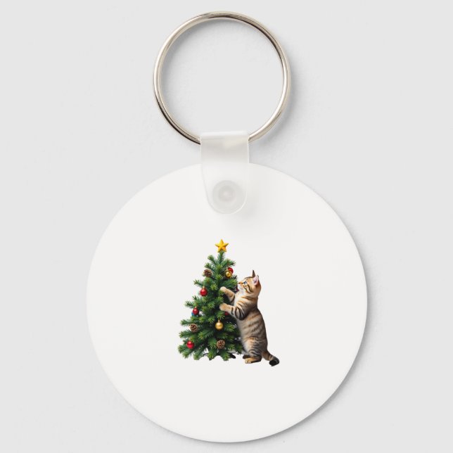 Funny Cat Christmas Tree Xmas Gifts Men Women Kids Keychain (Front)