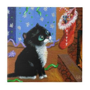 Funny Cat Christmas Tuxedo Kitten Mouse Ceramic Tile