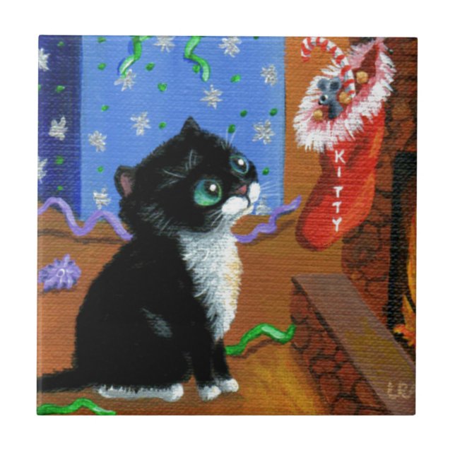 Funny Cat Christmas Tuxedo Kitten Mouse Ceramic Tile (Front)