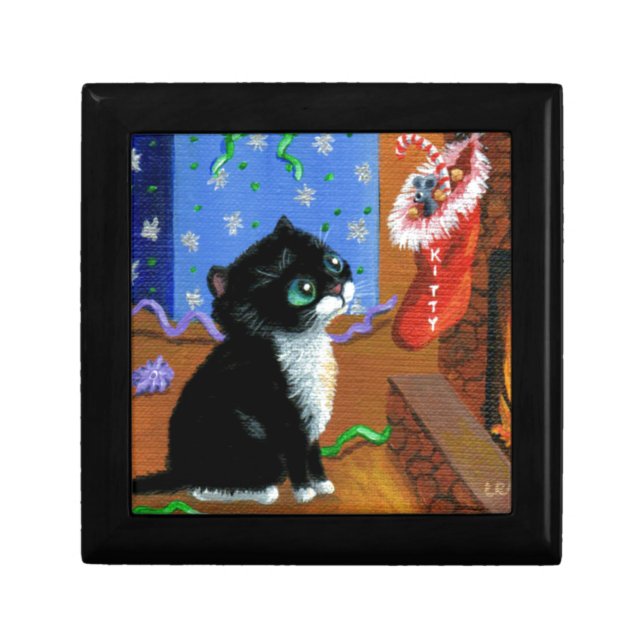 Funny Cat Christmas Tuxedo Kitten Mouse Jewelry Box (Front)