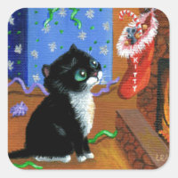 Funny Cat Christmas Tuxedo Kitten Mouse Square Sticker