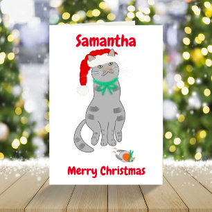 Funny cat Christmas with dead robin Holiday Card