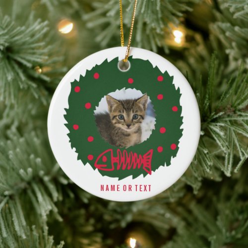 Funny Cat Christmas Wreath With Your Cats Photo Ceramic Ornament