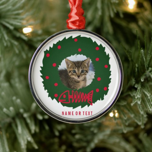 Funny Cat Christmas Wreath With Your Cats Photo Metal Ornament