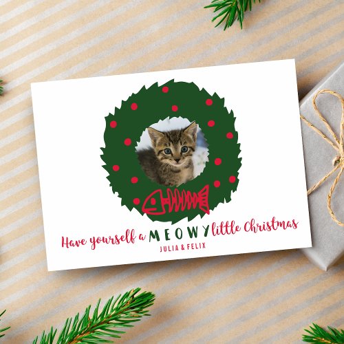 Funny Cat Christmas Wreath With Your Kitten Photo Holiday Card