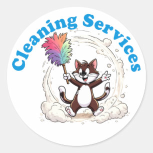 Funny Cat Cleaning with Colorful Feather Brusht Classic Round Sticker