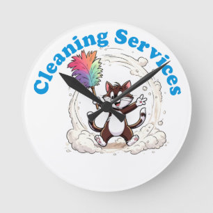 Funny Cat Cleaning with Colorful Feather Brusht Round Clock