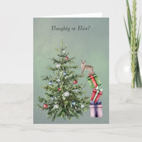 Funny Cat Climbing a Christmas Tree Holiday Card