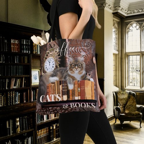 Funny Cat Coffee and Books Tote Bag