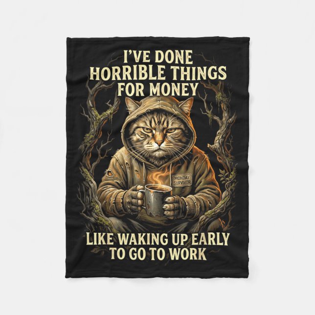 Funny Cat Coffee Morning Waking Up Early Fleece Blanket (Front)