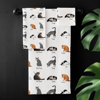 Funny Cat Commands Illustrated Training Chart Bath Towel Set