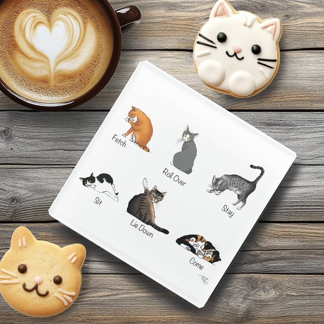 Funny Cat Commands Illustrated Training Chart Glass Coaster (Creator Uploaded)