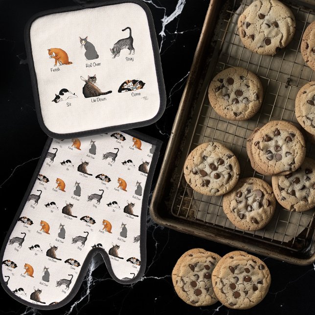 Funny Cat Commands Illustrated Training Chart Oven Mitt & Pot Holder Set (Creator Uploaded)