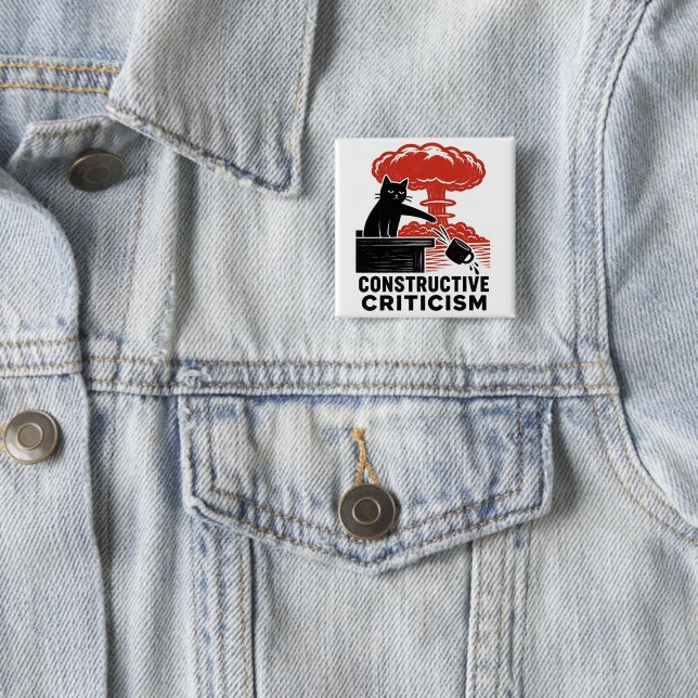 Funny Cat Constructive Criticism Linocut Meme Button (In Situ)