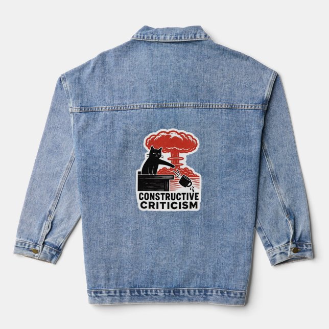 Funny Cat Constructive Criticism Linocut Meme Denim Jacket (Back)
