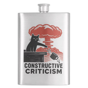 Funny Cat Constructive Criticism Linocut Meme Flask