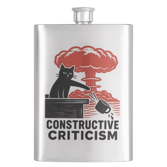 Funny Cat Constructive Criticism Linocut Meme Flask (Front)