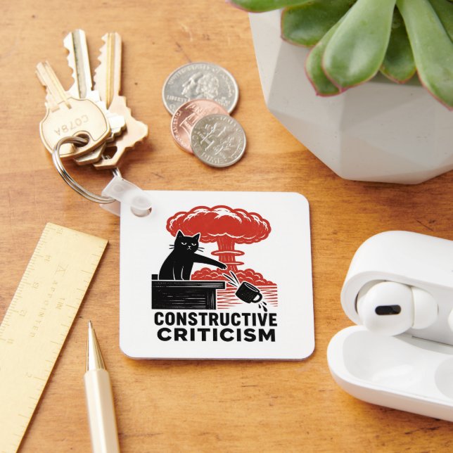 Funny Cat Constructive Criticism Linocut Meme Keychain (Desk)