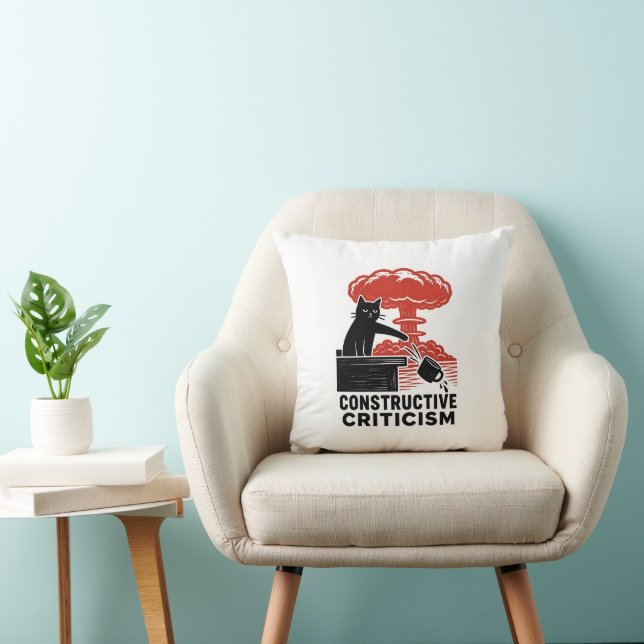 Funny Cat Constructive Criticism Linocut Meme Throw Pillow (Chair)