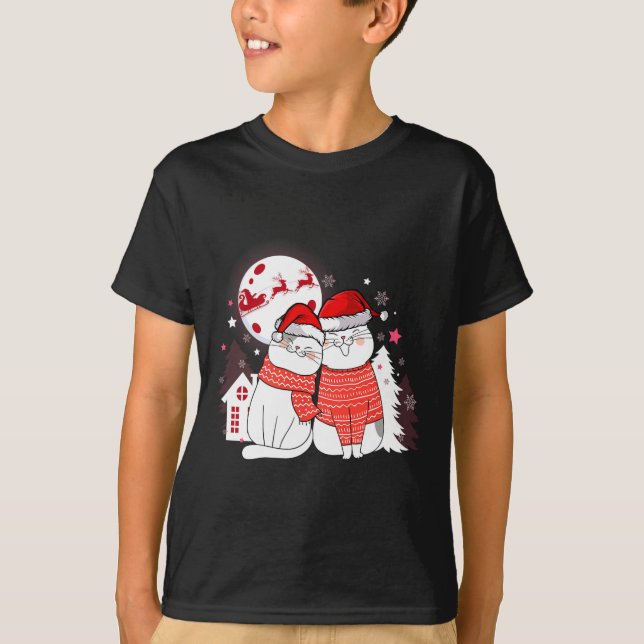 Funny Cat Couple Santa Hat Christmas Sleigh Pet Ow T-Shirt (Front)