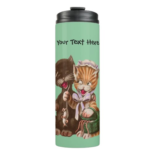 Funny Cat Couple Sharing Rats from Green Basket Thermal Tumbler