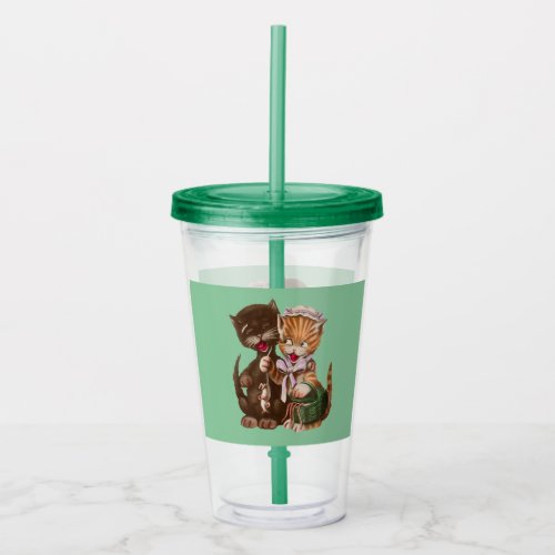 Funny Cat Couple With Rats in Basket Green Acrylic Tumbler