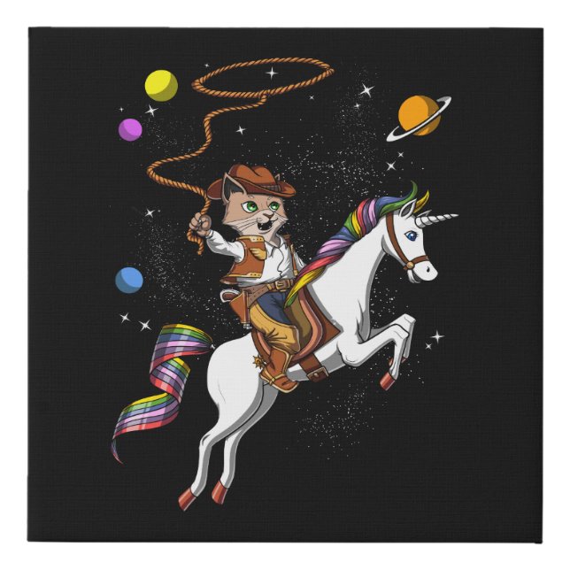 Funny Cat Cowboy Riding Unicorn Outer Space Faux Canvas Print (Front)