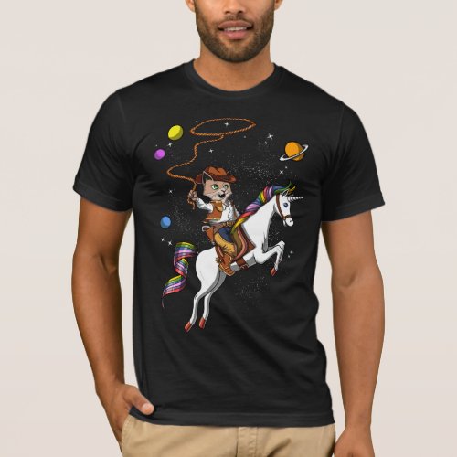 Funny Cat Cowboy Riding Unicorn Outer Space T_Shirt