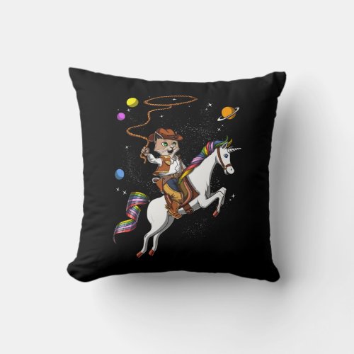 Funny Cat Cowboy Riding Unicorn Outer Space Throw Pillow