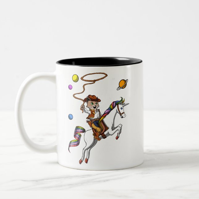 Funny Cat Cowboy Riding Unicorn Outer Space Two-Tone Coffee Mug (Left)