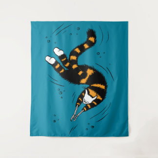 Funny Cat Creature Skeleton Hands Swimming Gothic Tapestry